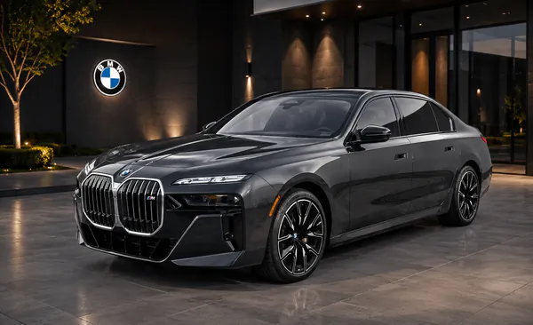 Dark gray BMW 7 Series outside a stone building at night
