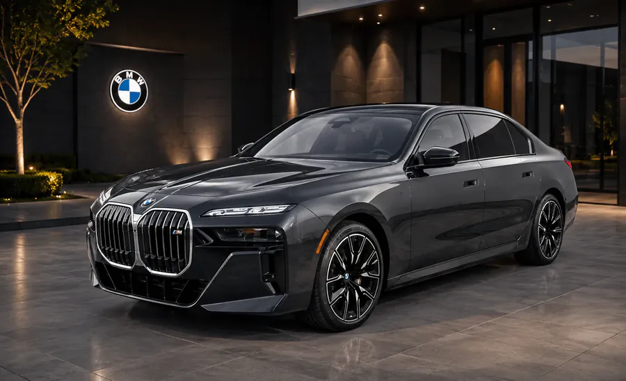 Dark gray BMW 7 Series outside a stone building at night