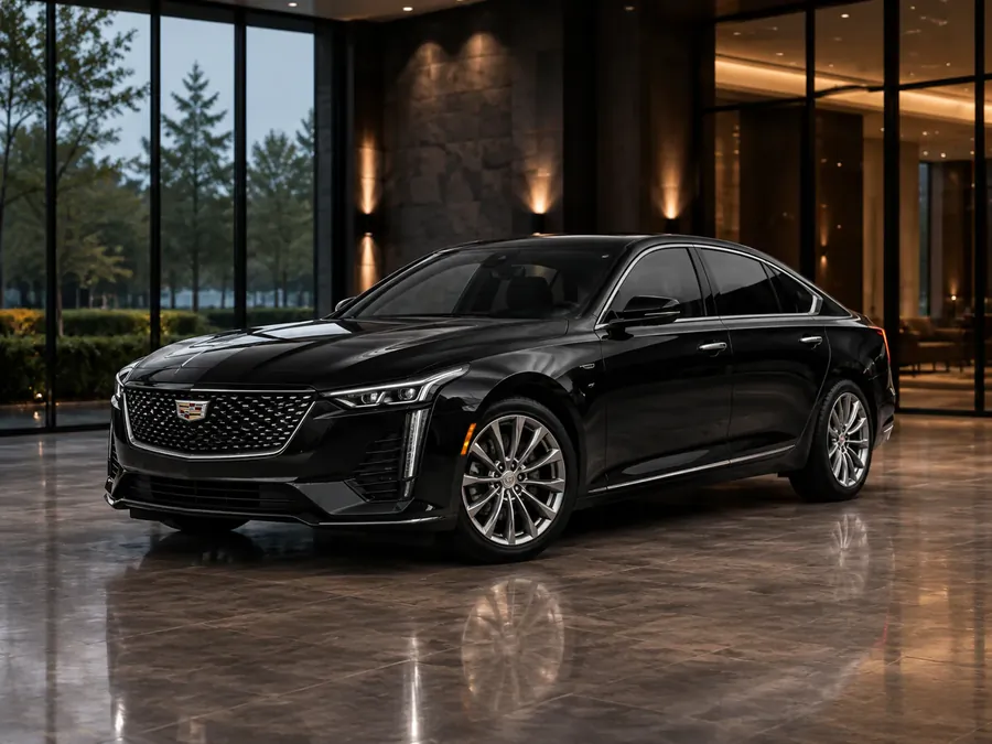Black Cadillac CT5 sedan in a lobby