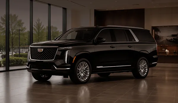 Black Cadillac Escalade ESV in a showroom