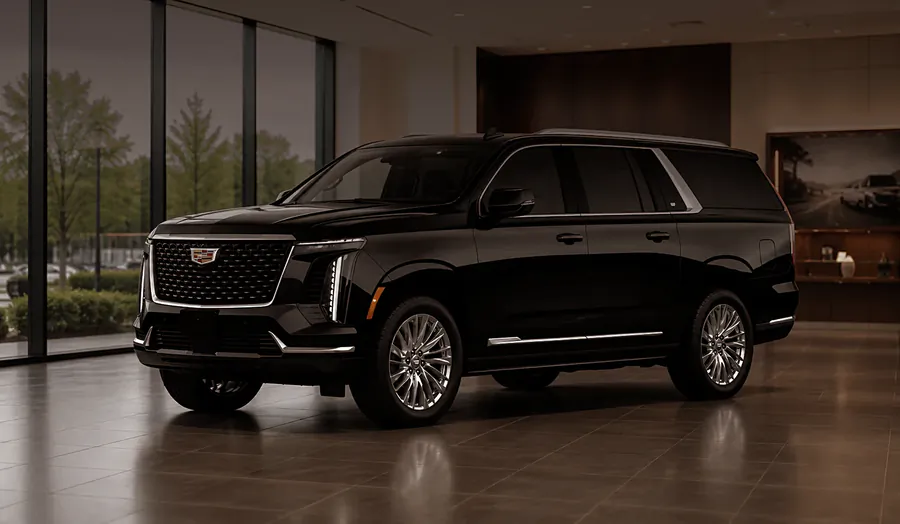 Black Cadillac Escalade ESV in a showroom