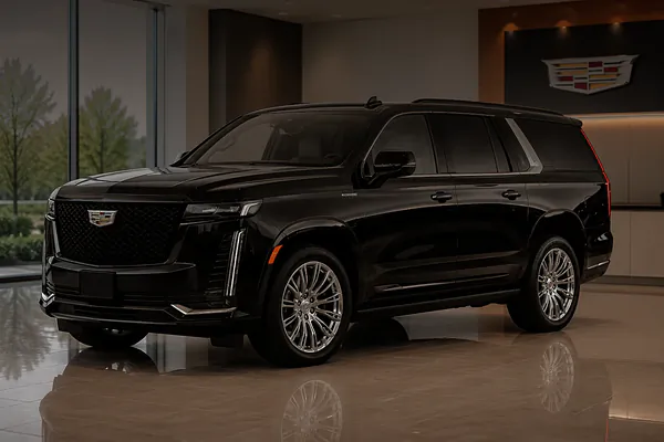Black Cadillac Escalade ESV in a showroom with the Cadillac crest on the wall