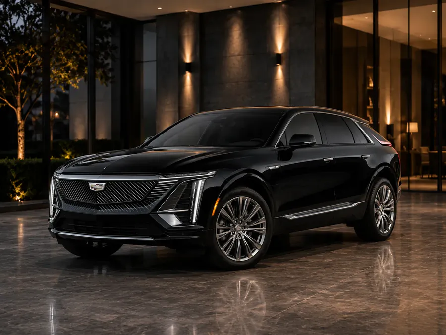 Black Cadillac Lyriq electric SUV at dusk