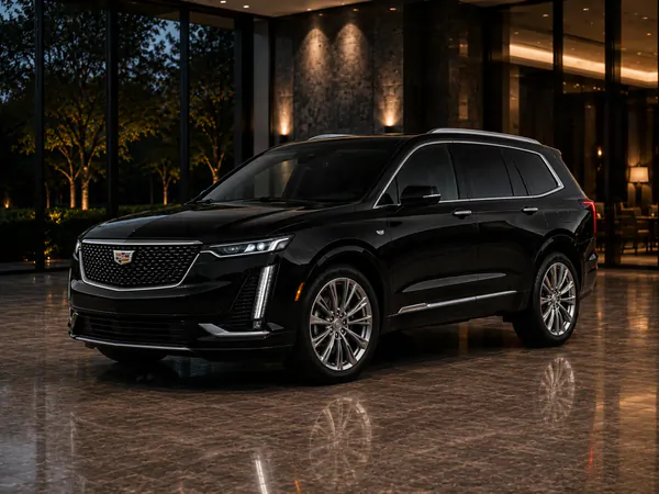 Black Cadillac XT6 in a lobby at dusk