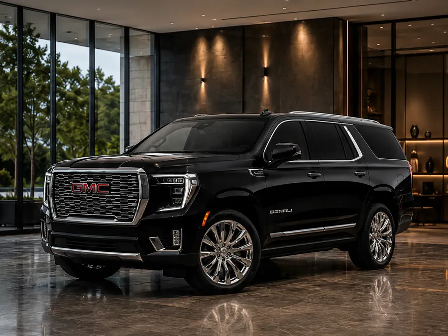 Black GMC Denali in a stone lobby