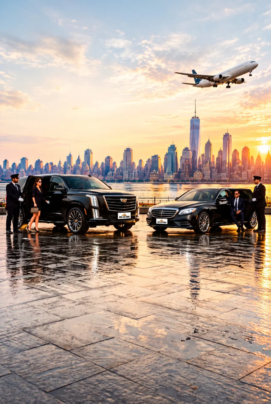 Chauffeurs holding the rear doors of a black Cadillac Escalade ESV and a black Mercedes-Benz S-Class, with the Manhattan skyline at sunset