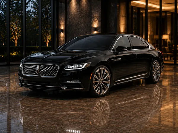 Black Lincoln Continental sedan in a lobby