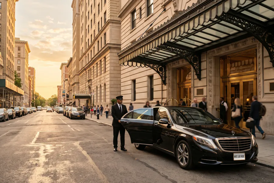 Chauffeur holding the door of a black Mercedes-Benz S-Class outside a hotel entrance at sunset