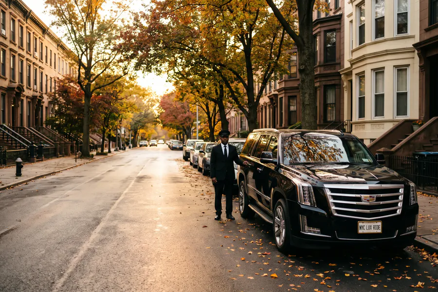 Chauffeur beside a black Cadillac Escalade on a tree-lined brownstone street in autumn
