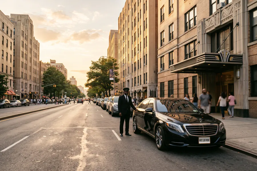 Chauffeur at the door of a black Mercedes-Benz S-Class outside an Art Deco apartment building at sunset