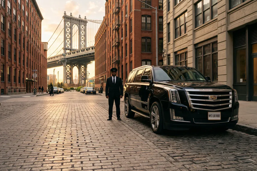 Chauffeur beside a black Cadillac Escalade on a cobblestone street under the Manhattan Bridge
