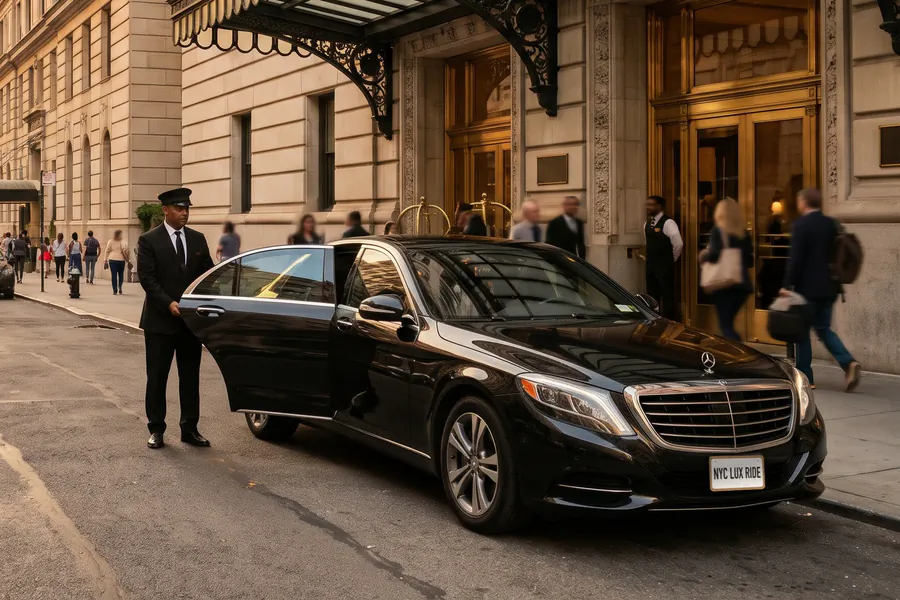Chauffeur holding the open door of a black Mercedes-Benz S-Class outside a hotel entrance