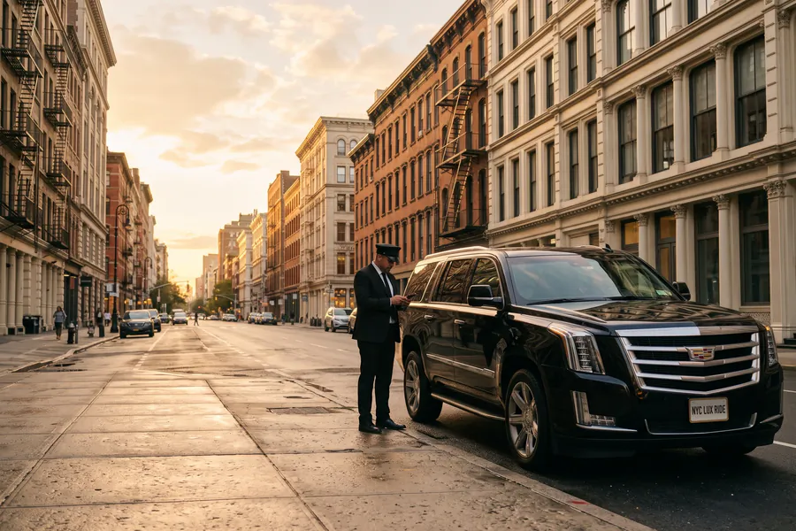 Chauffeur beside a black Cadillac Escalade on a city street at sunset