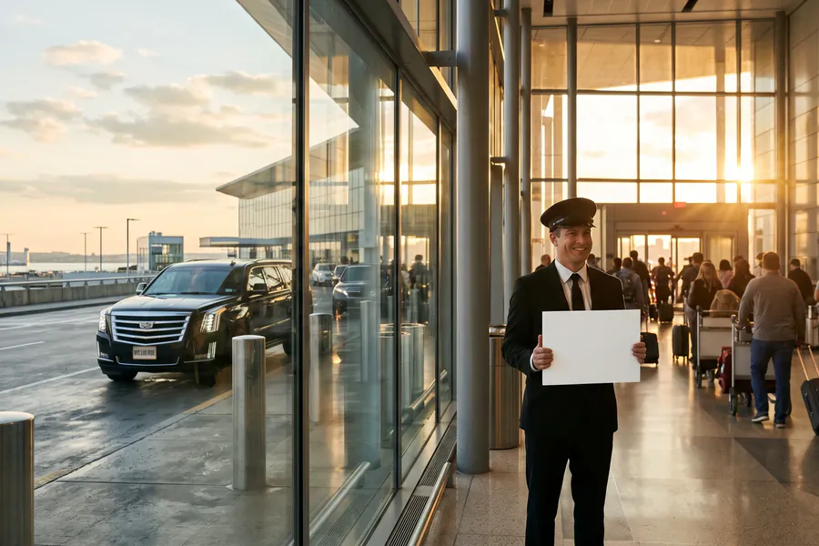 Chauffeur holding a welcome sign in an airport arrivals hall, with a black Cadillac Escalade at the curb outside