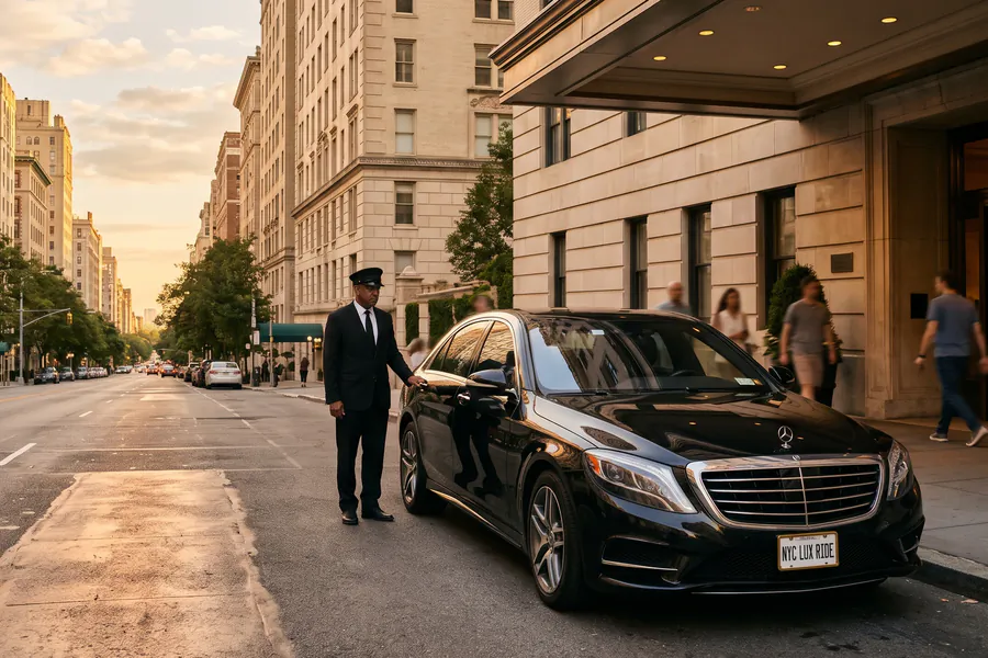 Chauffeur beside a black Mercedes-Benz S-Class outside a hotel entrance, with tall buildings lining the avenue