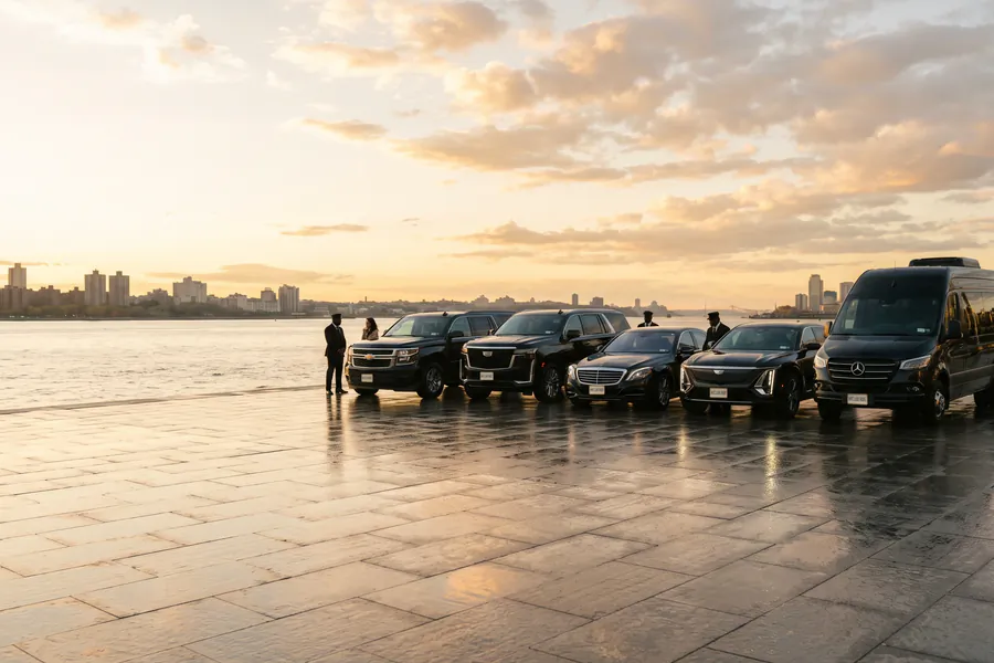 Black SUVs, sedans and a Sprinter van lined up with their chauffeurs on a waterfront at sunset
