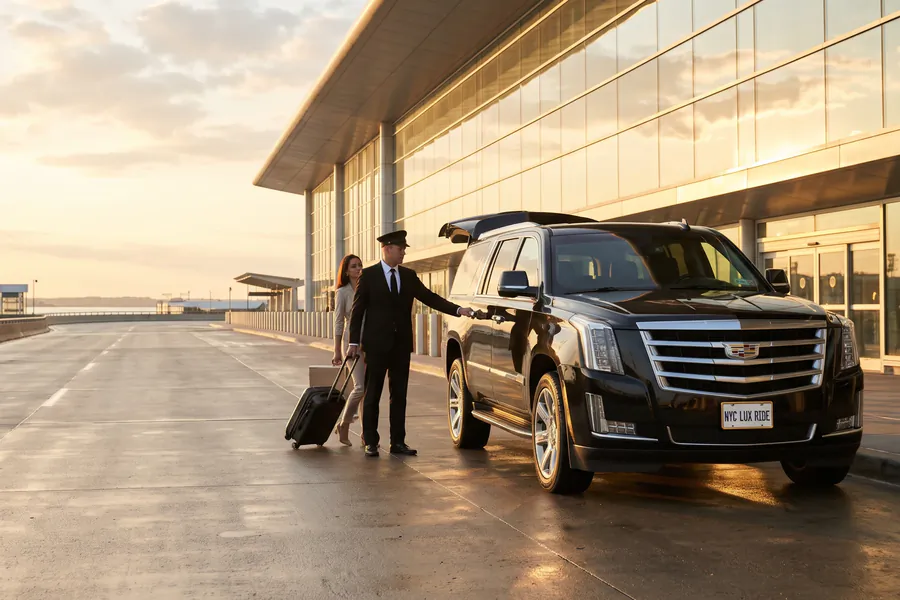 Chauffeur reaching for the door of a black Cadillac Escalade for a traveler at an airport terminal curb