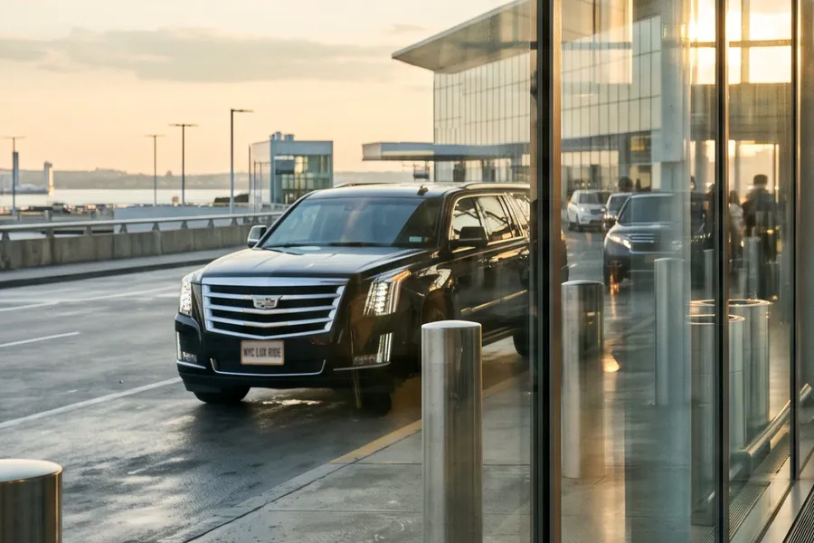 Black Cadillac Escalade waiting at an airport terminal curb at sunset
