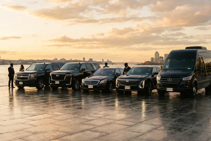 Black SUVs, sedans and a Sprinter van lined up with their chauffeurs on a waterfront at sunset
