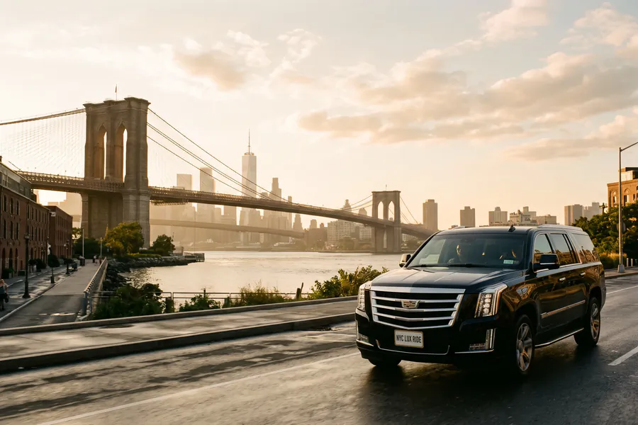 Black Cadillac Escalade on a waterfront road with the Brooklyn Bridge and the Manhattan skyline behind