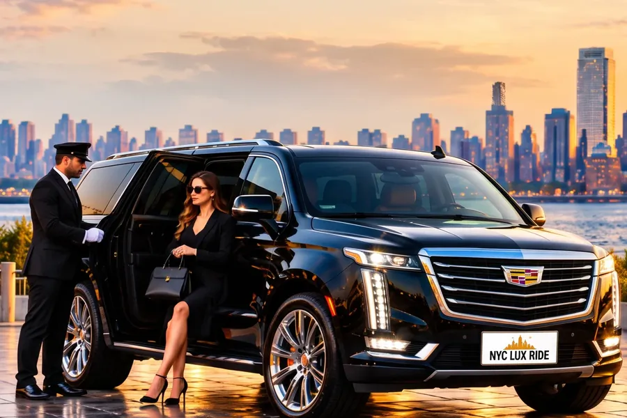 Chauffeur opening the door of a black Cadillac Escalade for a passenger on a waterfront, with the city skyline across the water