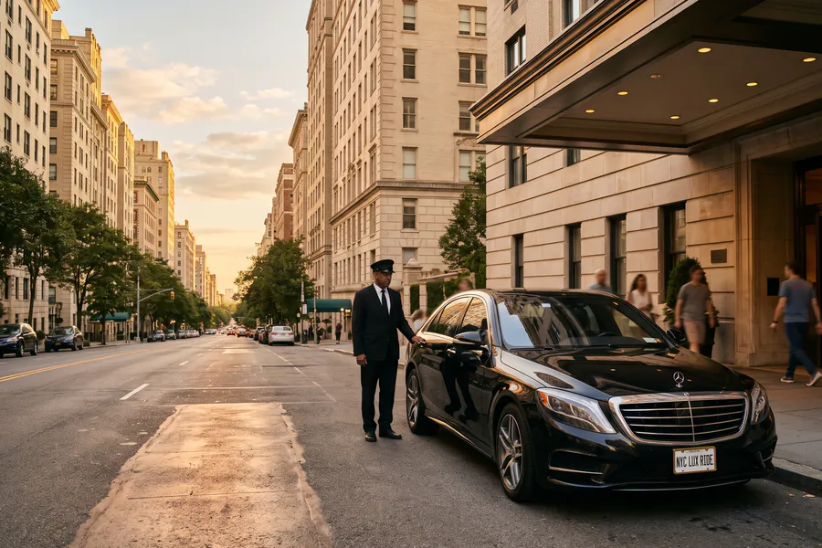 Chauffeur at the door of a black Mercedes-Benz S-Class outside a hotel entrance on a city avenue at sunset