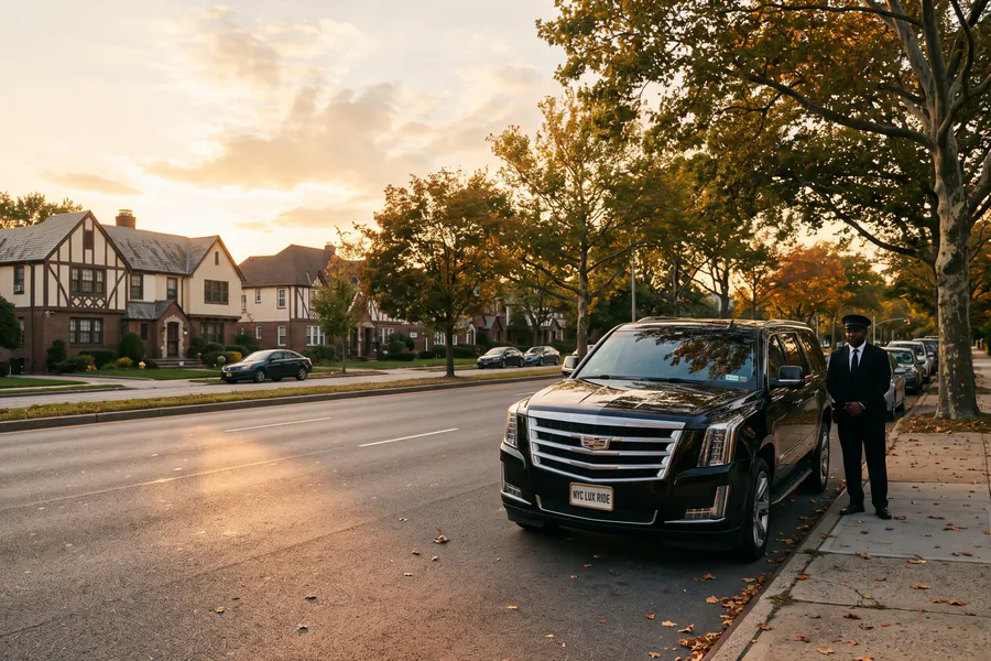 Chauffeur beside a black Cadillac Escalade on a tree-lined avenue of Tudor-style homes at sunset