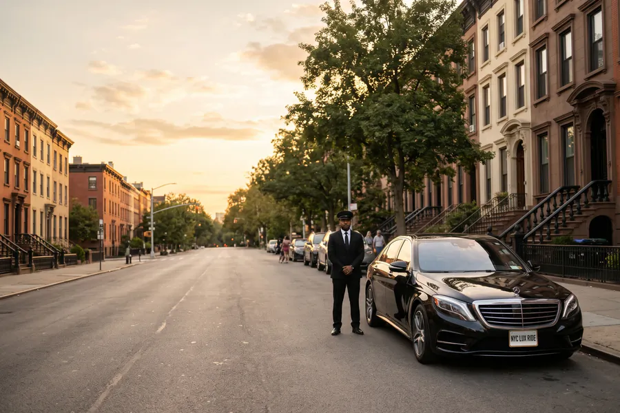 Chauffeur standing beside a black Mercedes-Benz S-Class on a brownstone street at sunset
