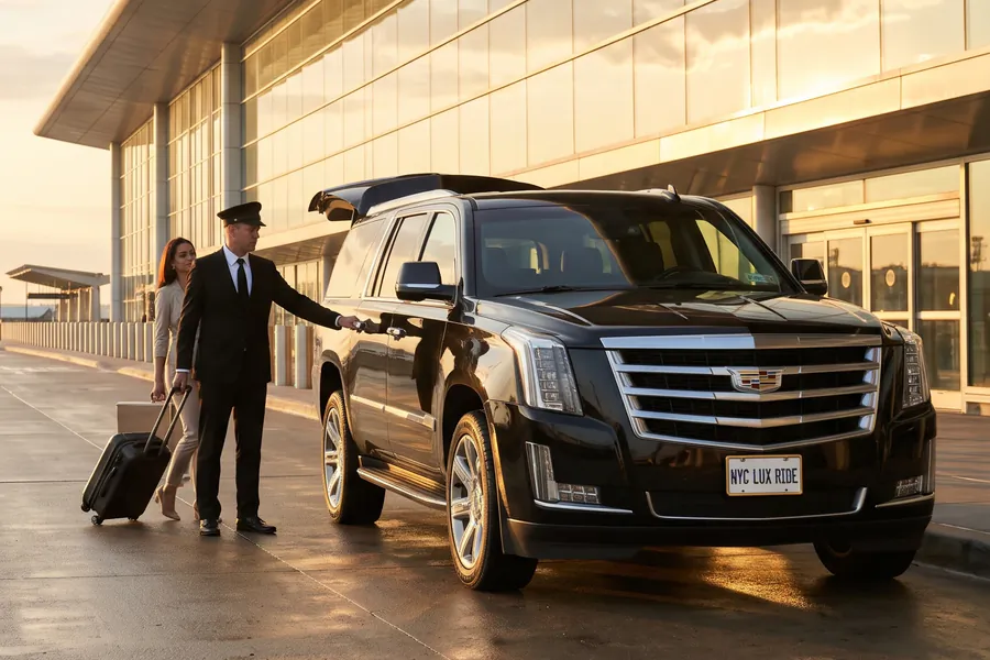 Chauffeur reaching for the door of a black Cadillac Escalade as a traveler arrives with her luggage
