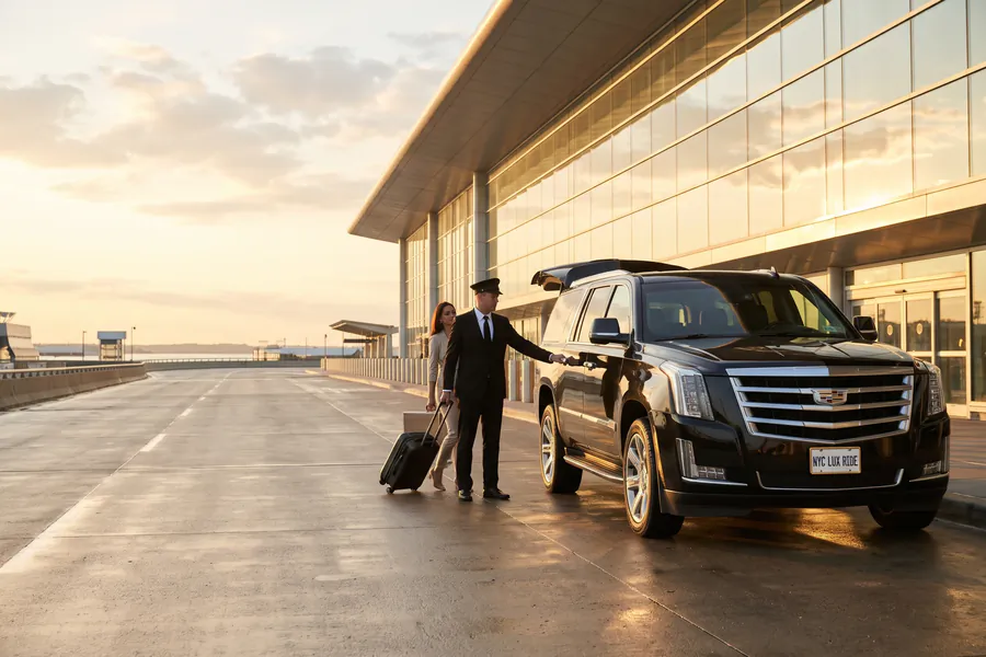 Chauffeur meeting a traveler with luggage beside a black Cadillac Escalade at an airport terminal at sunset