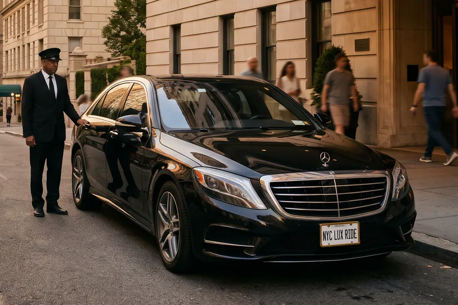 Chauffeur at the door of a black Mercedes-Benz S-Class outside a hotel entrance