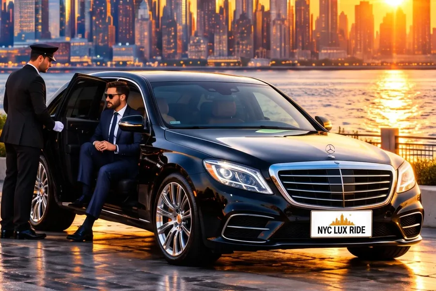 Chauffeur opening the door of a black Mercedes-Benz S-Class for a passenger on a waterfront at sunset, with the city skyline across the water