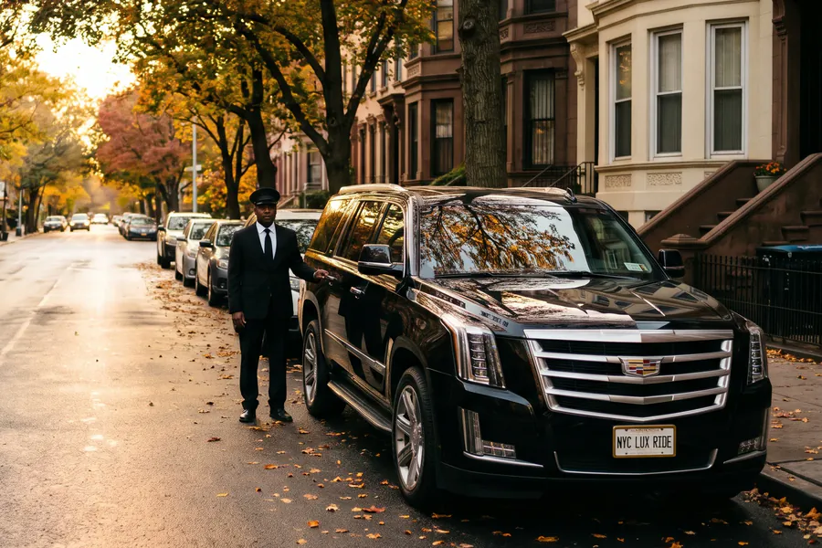 Chauffeur beside a black Cadillac Escalade on a brownstone street lined with autumn trees