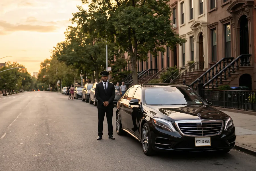 Chauffeur beside a black Mercedes-Benz S-Class on a quiet brownstone street at sunset
